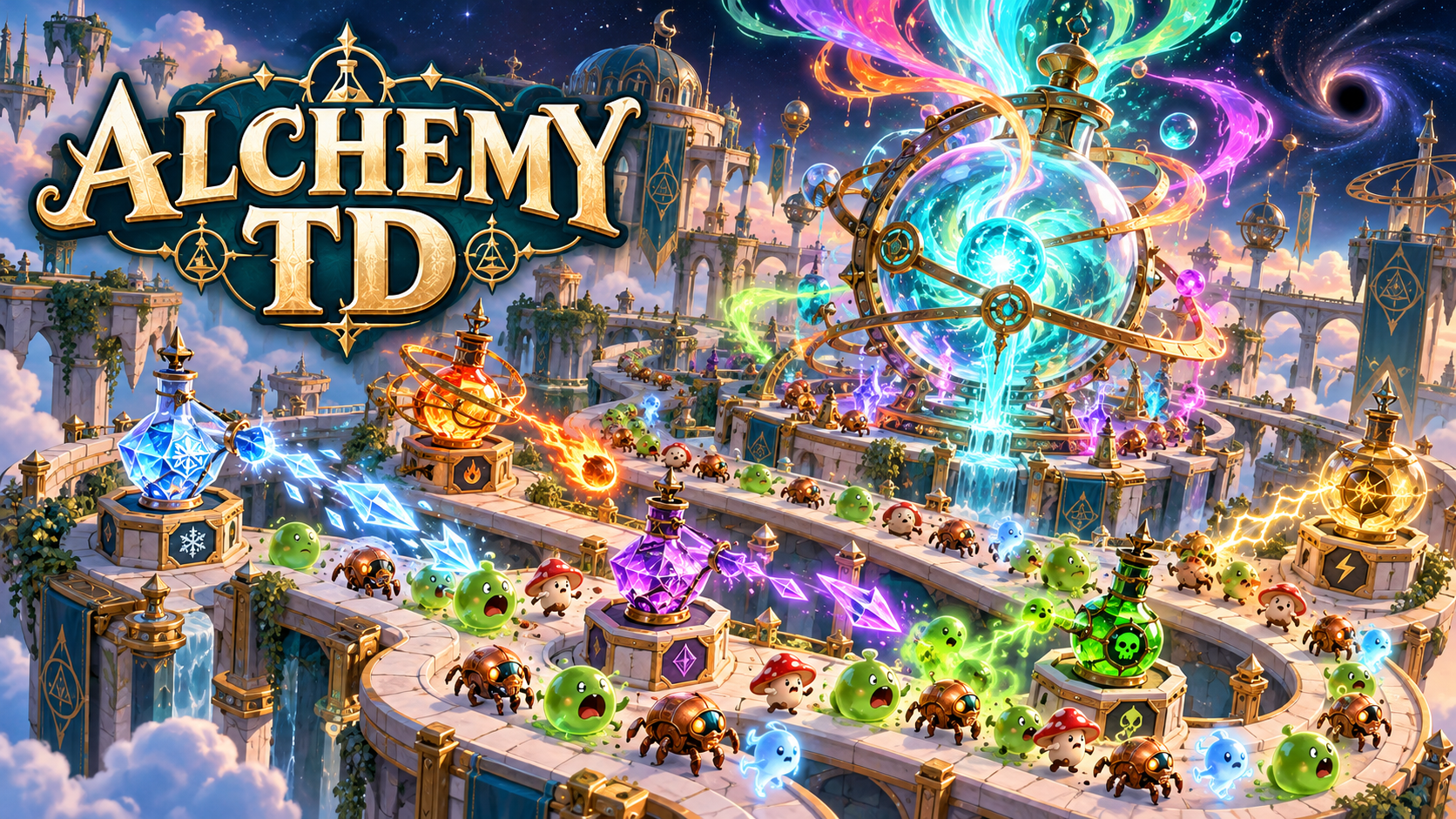 Alchemy TD artwork with colorful magical towers and floating citadels