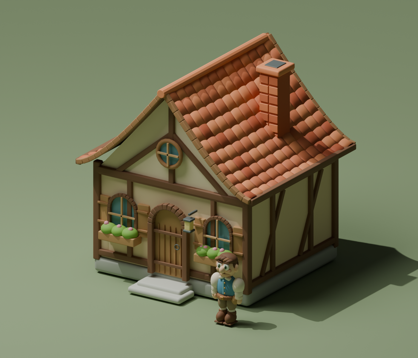 Village Simulator project artwork of a timber cottage and peasant